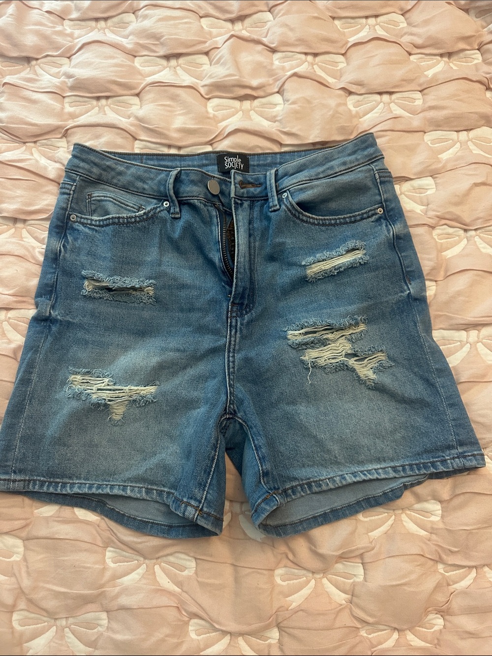 Simple Society Distressed Medium Blue High-Rise Jean Shorts